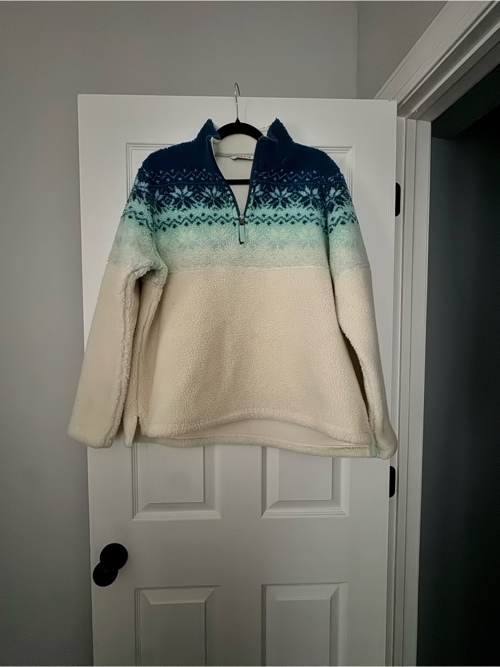 Orvis Sherpa Quarter-Zip Pullover Sweater in Cream and Teal